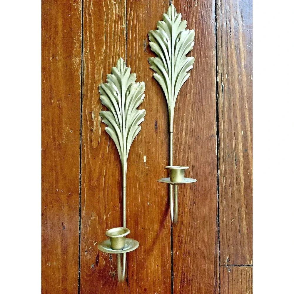 Vtg Metal Acanthus Leaf MCM Wall Candle Sconces Pair Gold Hollywood Regency 15